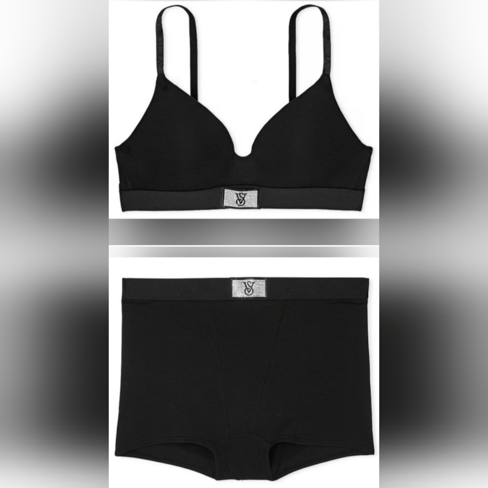 38DD/XXL VS Shine Patch Cotton Bra High Waist Shortie Panty Set Black